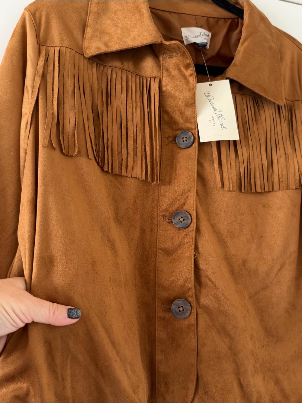Universal Thread Women’s Tan Brown Western Fringe Faux Suede Button-Front Jacket - Picture 5 of 9